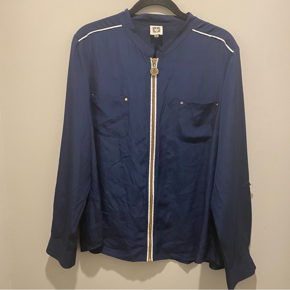 Anne Klein Zipped Up Blouse Navy Blue Women’s Size XL EUC Workwear
